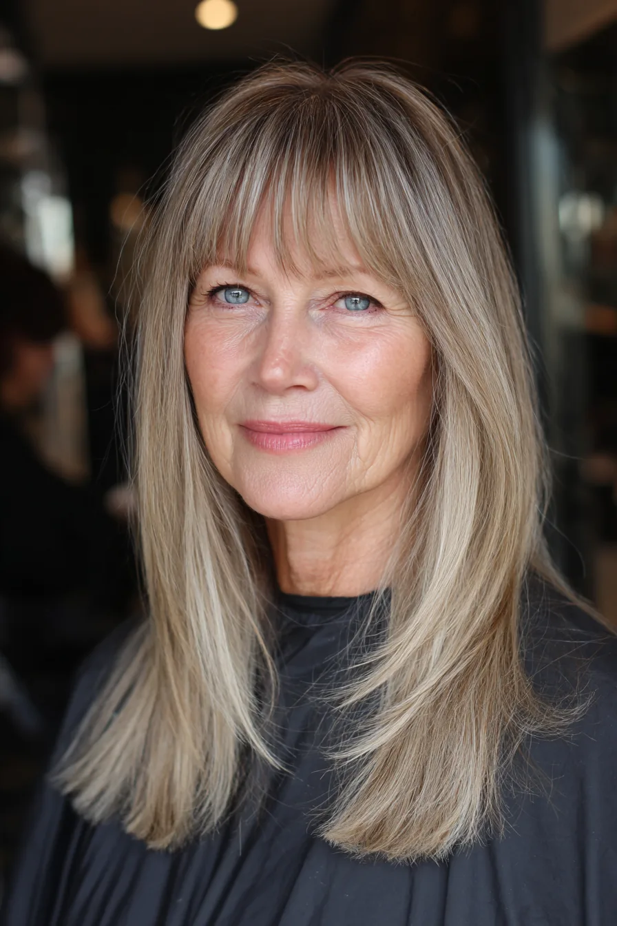 18. Face-Framing Layers With Long Bangs in Dark Blonde (Haircuts With Bangs For Women Over 50) - Haircuts With Bangs For Women Over 50
