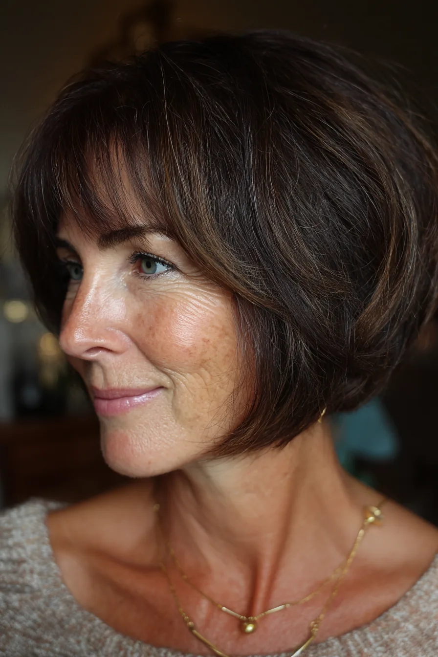 19. Stacked Bob With Short Bangs in Warm Espresso (Haircuts With Bangs For Women Over 50) - Haircuts With Bangs For Women Over 50
