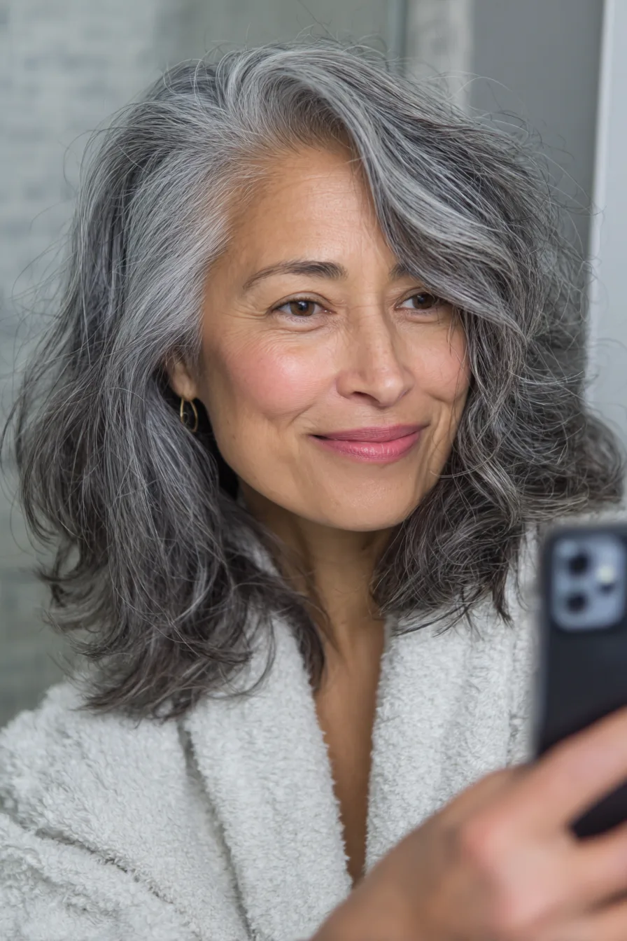 19. Wavy Layered Cut with Natural Gray Base (Medium Length Hairstyles For Women Over 60 With Fine Hair) - Medium Length Hairstyles For Women Over 60 With Fine Hair