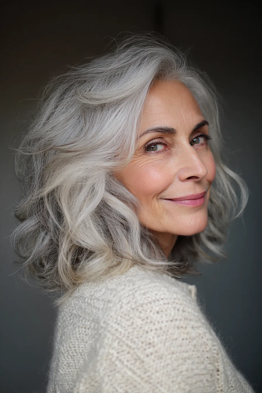 19. Wavy Silver Mid-Length Layers (Hairstyles For Women Over 60 With Gray Hair) - Hairstyles For Women Over 60 With Gray Hair