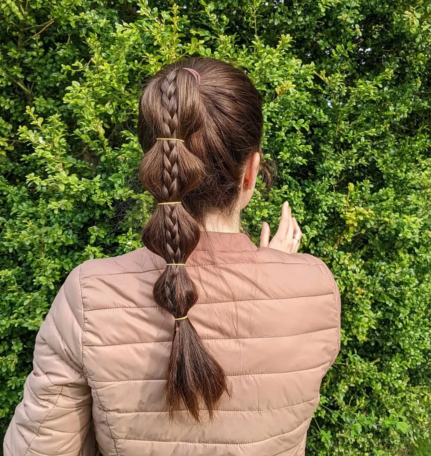 2. Braided Bubble Ponytail with Espresso Brown Shine (Bubble Ponytail Hairstyles)