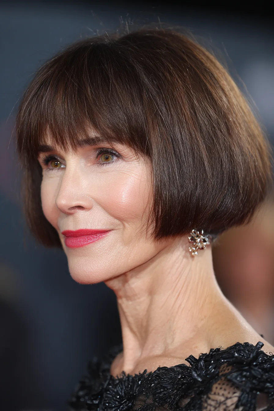 2. Chin-Length Brunette Blunt Cut (Popular Haircuts For Women Over 60) - Popular Haircuts For Women Over 60