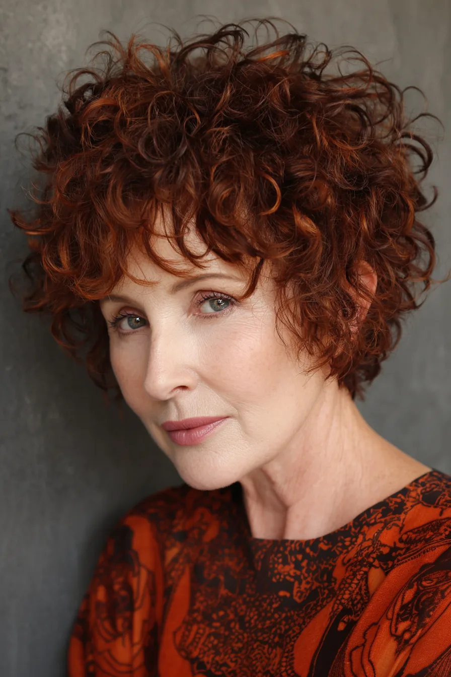 2. Curly Pixie With Micro Bangs in Deep Auburn (Haircuts With Bangs For Women Over 50) - Haircuts With Bangs For Women Over 50