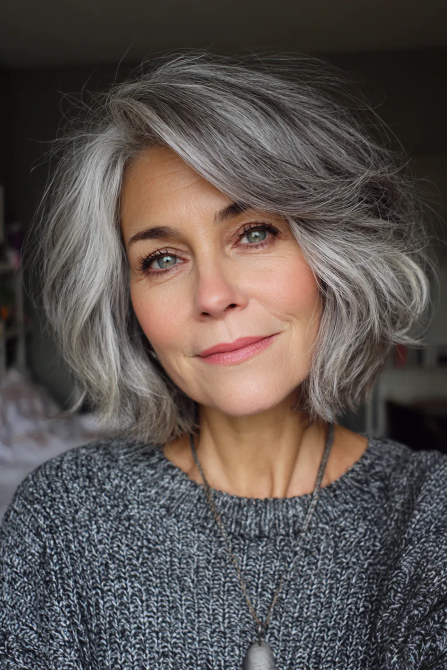 2. Layered Salt-and-Pepper Bob (Hairstyles For Women Over 60 With Gray Hair) - Hairstyles For Women Over 60 With Gray Hair