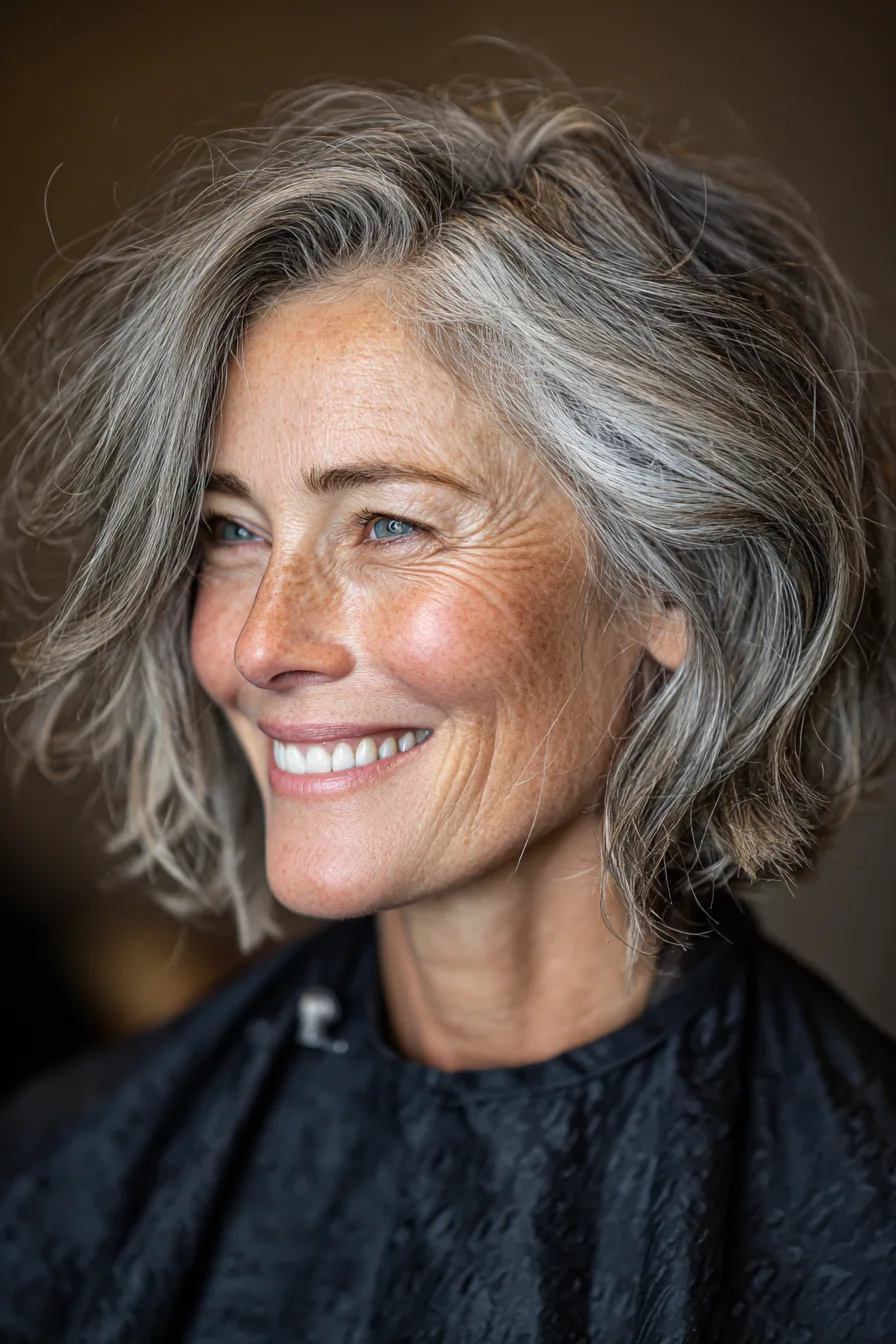 20. Layered Blunt Ends with Natural Gray Lowlights (Blunt Haircuts For Women Over 50) - Blunt Haircuts For Women Over 50