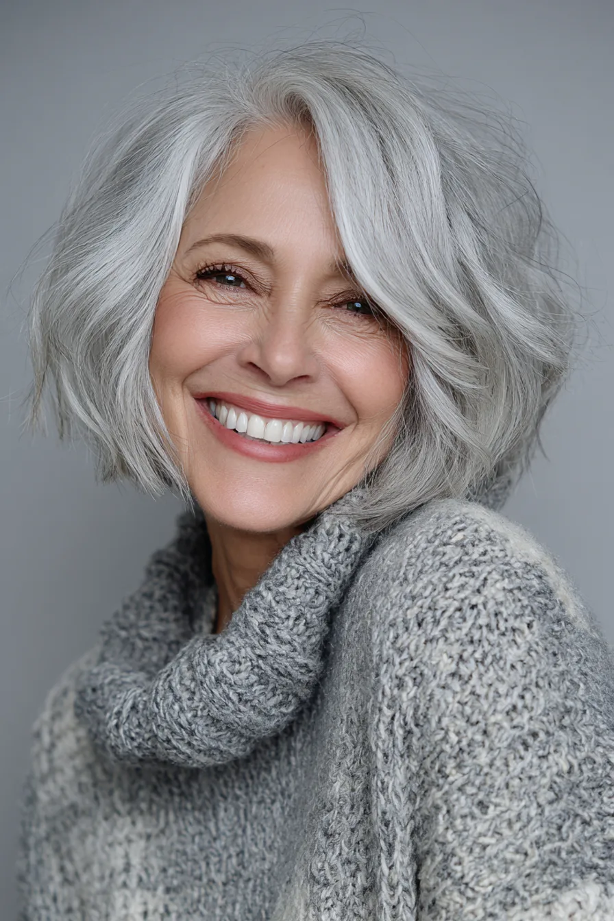 20. Voluminous Silver Bob with Lifted Roots (Hairstyles For Women Over 60 With Gray Hair) - Hairstyles For Women Over 60 With Gray Hair