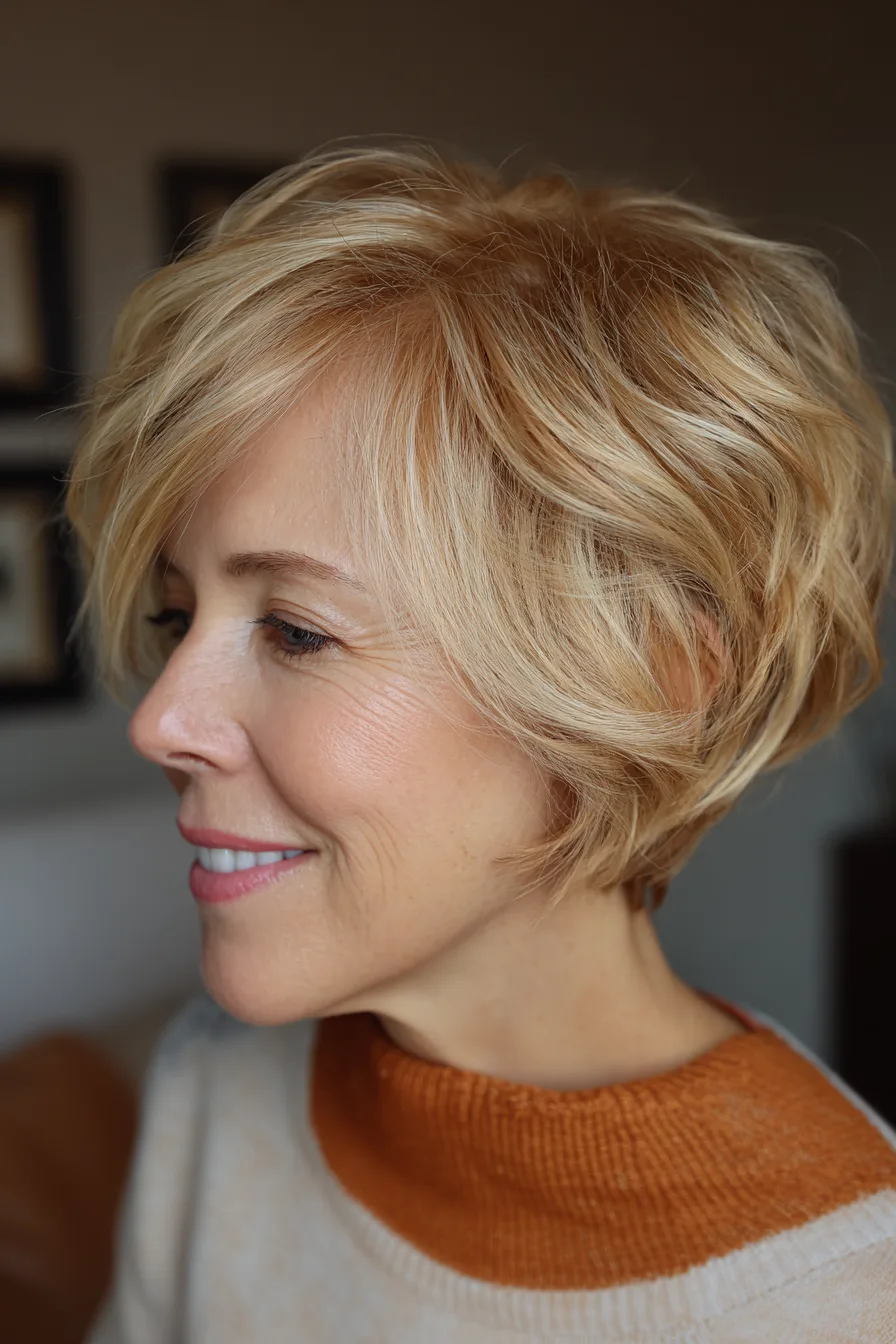 21. Golden Blonde Layered Pixie-Bob (Popular Haircuts For Women Over 60) - Popular Haircuts For Women Over 60