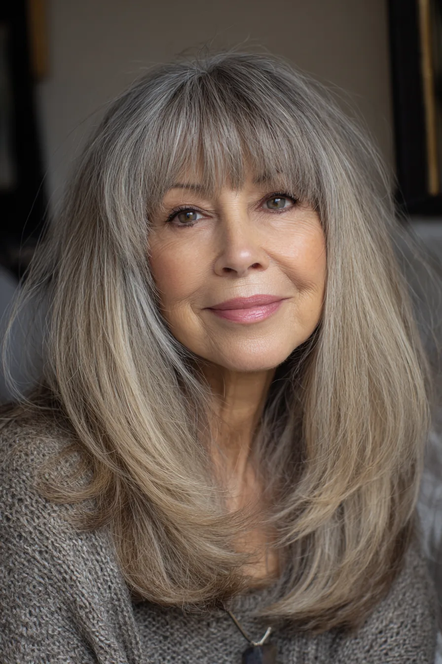 22. Fringed Shag With Swooped Bangs in Light Ash Brown (Haircuts With Bangs For Women Over 50) - Haircuts With Bangs For Women Over 50