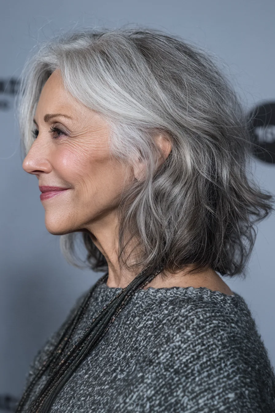 22. Smoky Silver Shoulder-Length Layers (Hairstyles For Women Over 60 With Gray Hair) - Hairstyles For Women Over 60 With Gray Hair