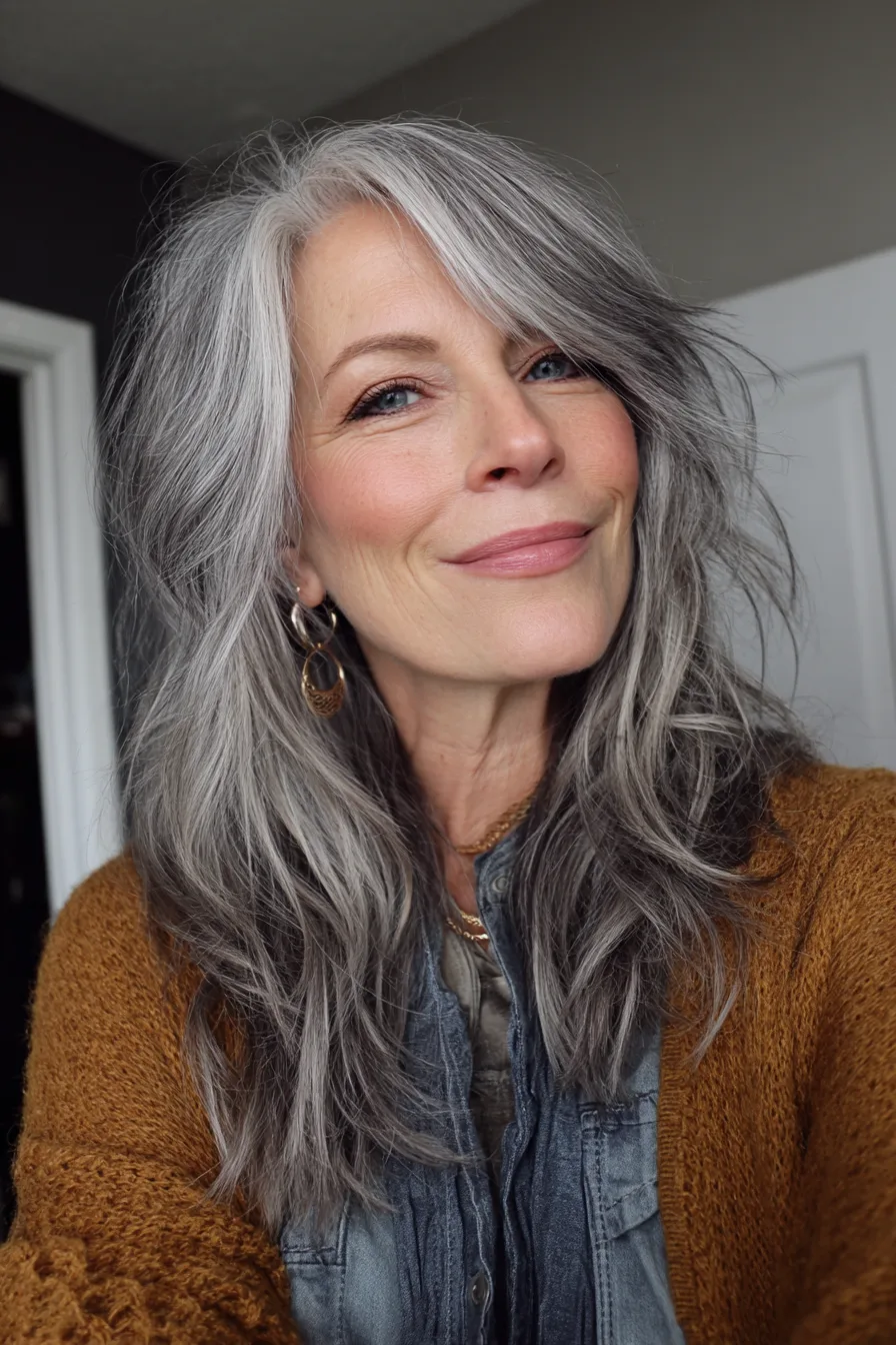 22. Steel Gray Long Shag (Popular Haircuts For Women Over 60) - Popular Haircuts For Women Over 60