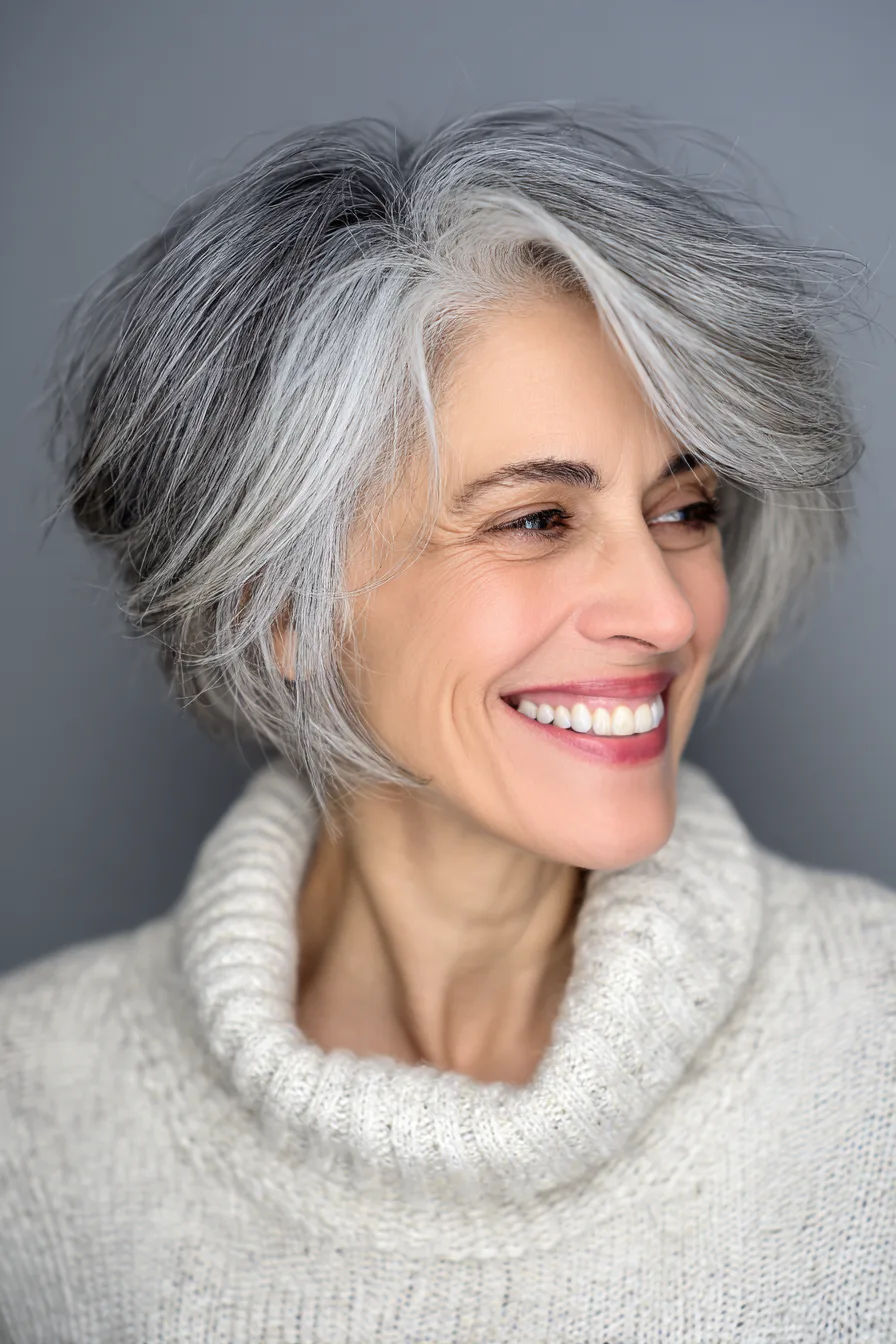 23. Choppy Gray Bob with Highlights (Hairstyles For Women Over 60 With Gray Hair) - Hairstyles For Women Over 60 With Gray Hair