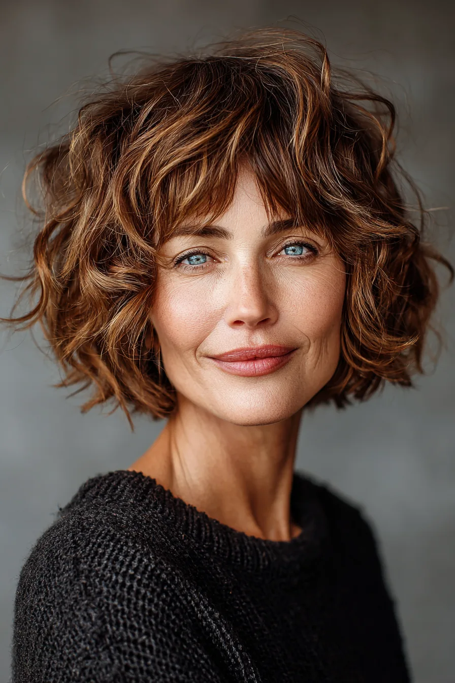 23. Soft Curly Bob With Rounded Bangs in Medium Brown (Haircuts With Bangs For Women Over 50) - Haircuts With Bangs For Women Over 50