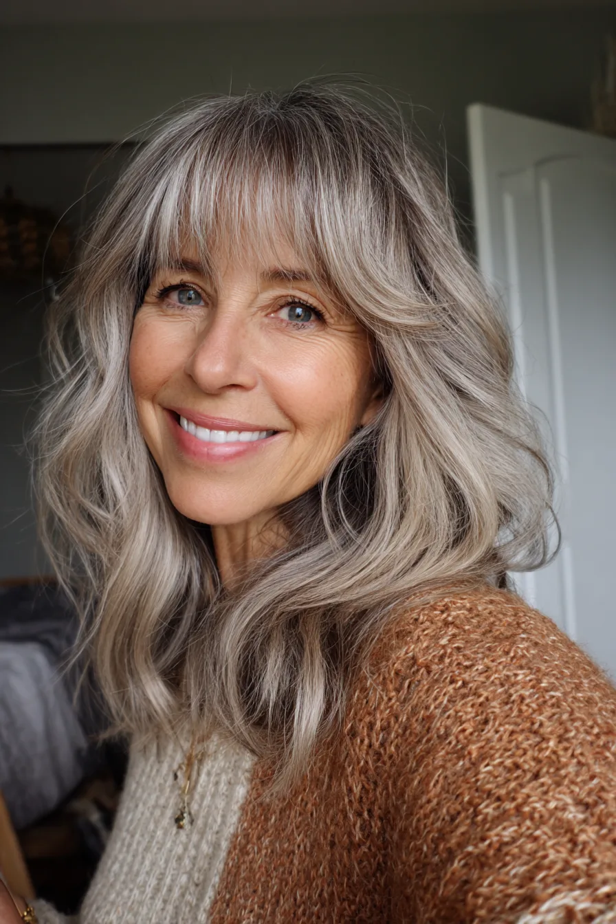 23. Wavy Curtain Layers with Cool Beige Tone (Medium Length Hairstyles For Women Over 60 With Fine Hair) - Medium Length Hairstyles For Women Over 60 With Fine Hair