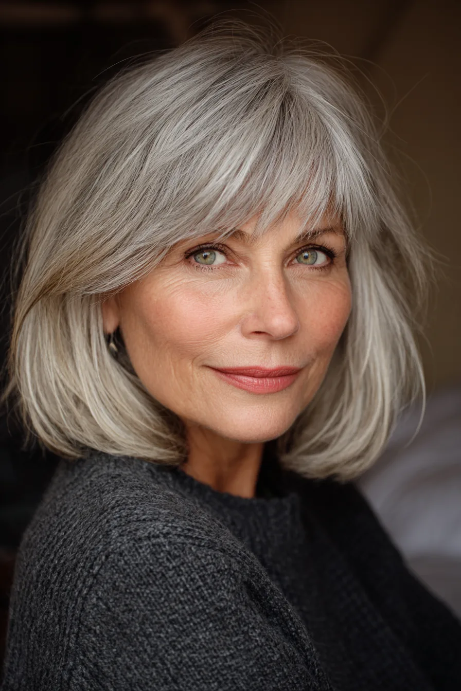 24. Ash Blonde Mid-Length Layers with Side Bangs (Popular Haircuts For Women Over 60) - Popular Haircuts For Women Over 60
