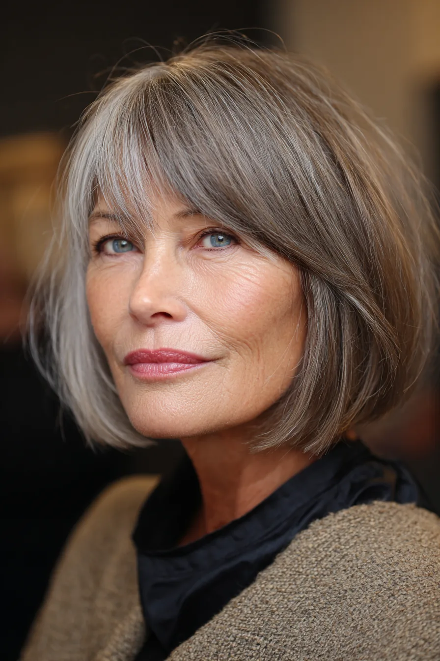 24. Blunt Cut with Side-Swept Bangs in Chestnut Gray Blend (Blunt Haircuts For Women Over 50) - Blunt Haircuts For Women Over 50