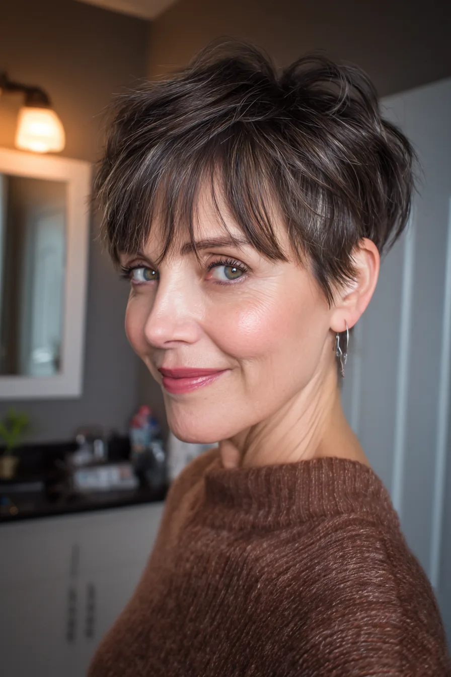 24. Grown-Out Pixie With Side Bangs in Dark Brown (Haircuts With Bangs For Women Over 50) - Haircuts With Bangs For Women Over 50