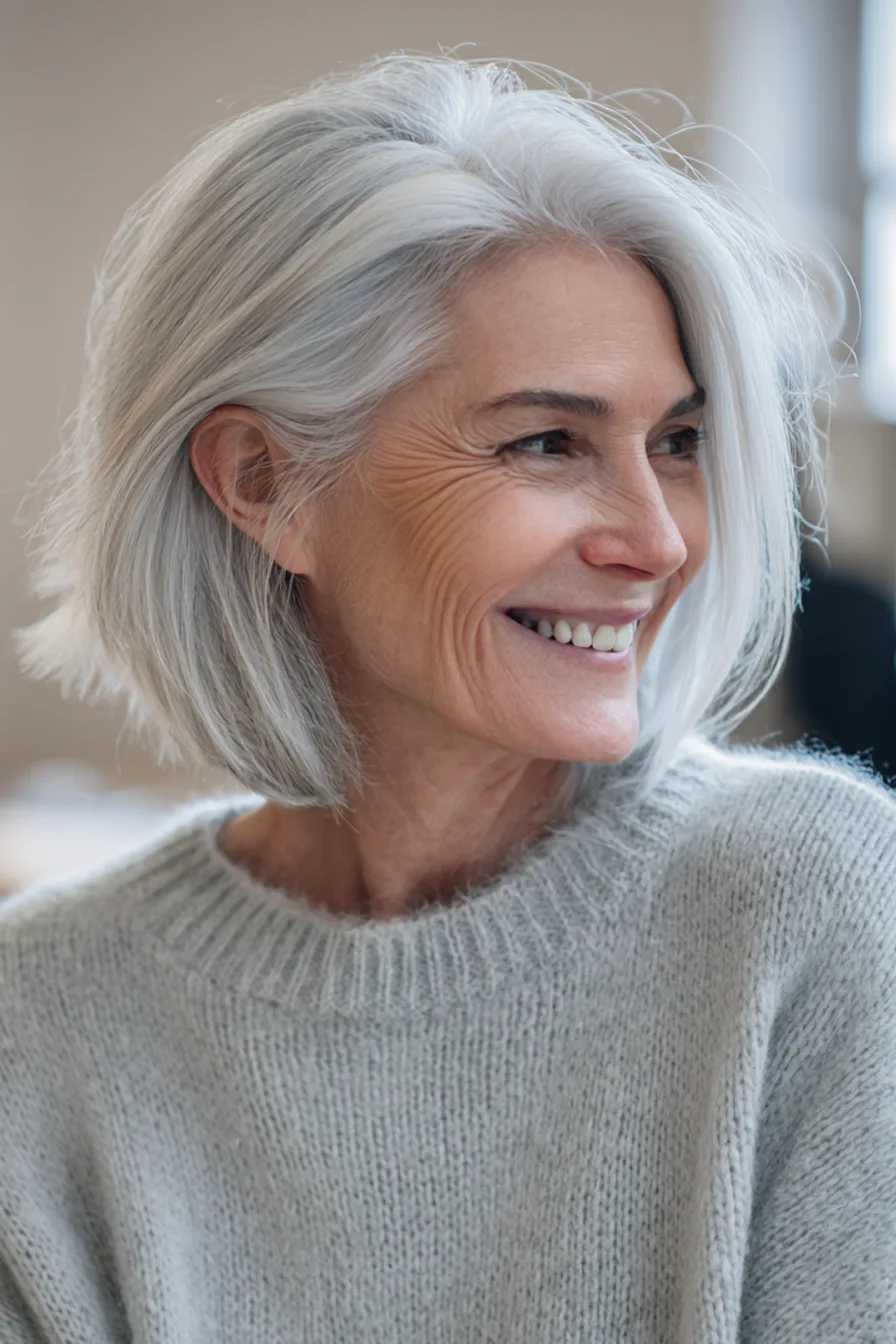 24. Silver Lob with Side Part (Hairstyles For Women Over 60 With Gray Hair) - Hairstyles For Women Over 60 With Gray Hair