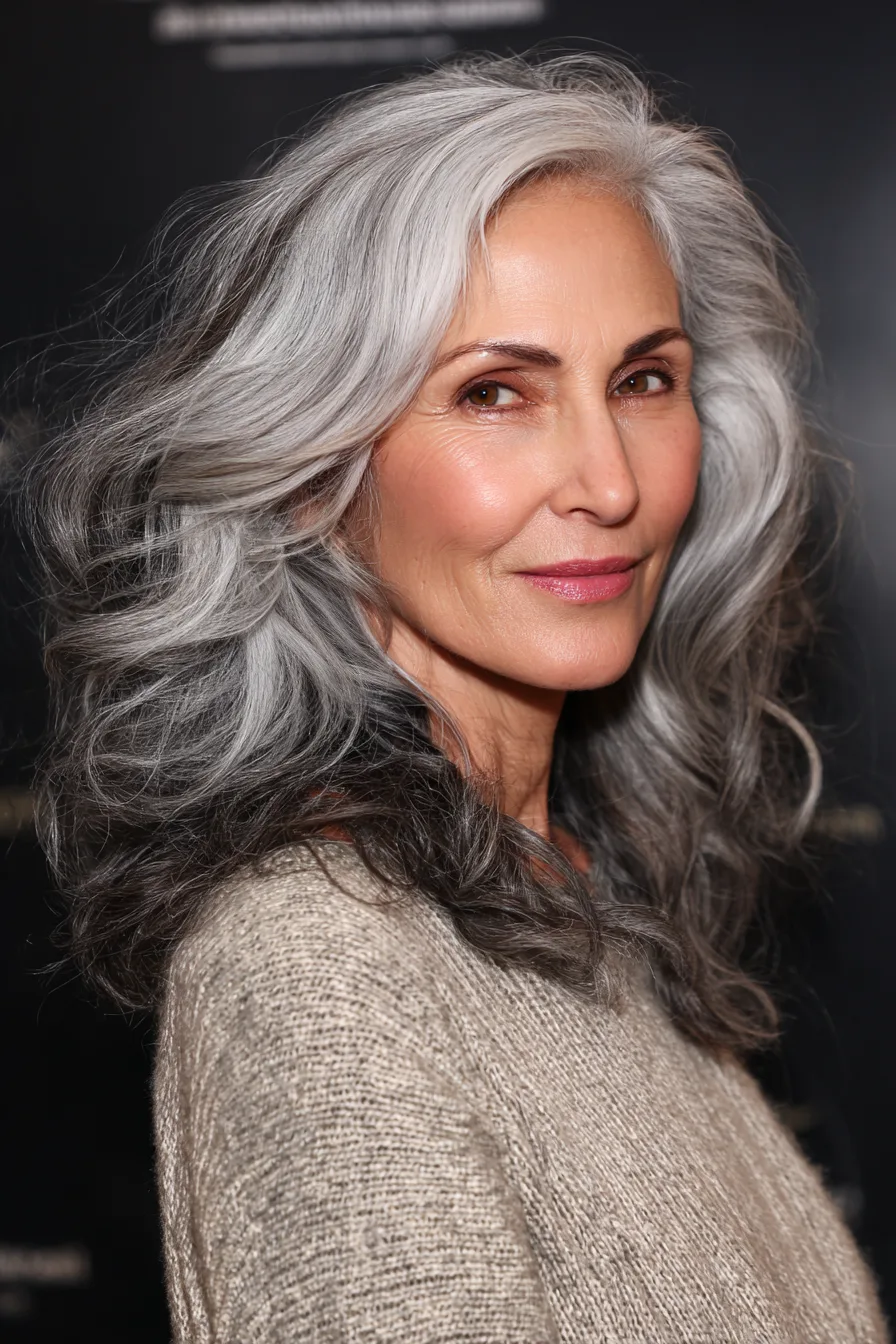 26. Long Layered Gray Waves (Hairstyles For Women Over 60 With Gray Hair) - Hairstyles For Women Over 60 With Gray Hair