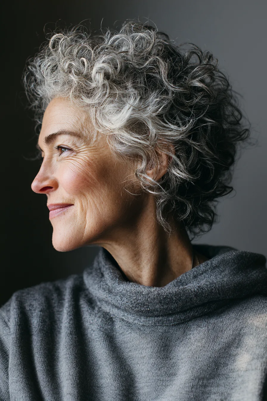 27. Short Curly Salt-and-Pepper Crop (Hairstyles For Women Over 60 With Gray Hair) - Hairstyles For Women Over 60 With Gray Hair