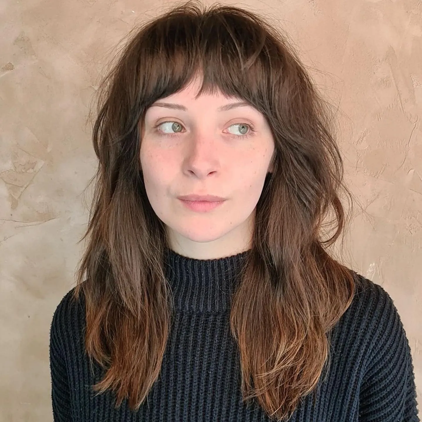 4. Classic Long Brunette Shag with Full Fringe (Shaggy Haircuts)