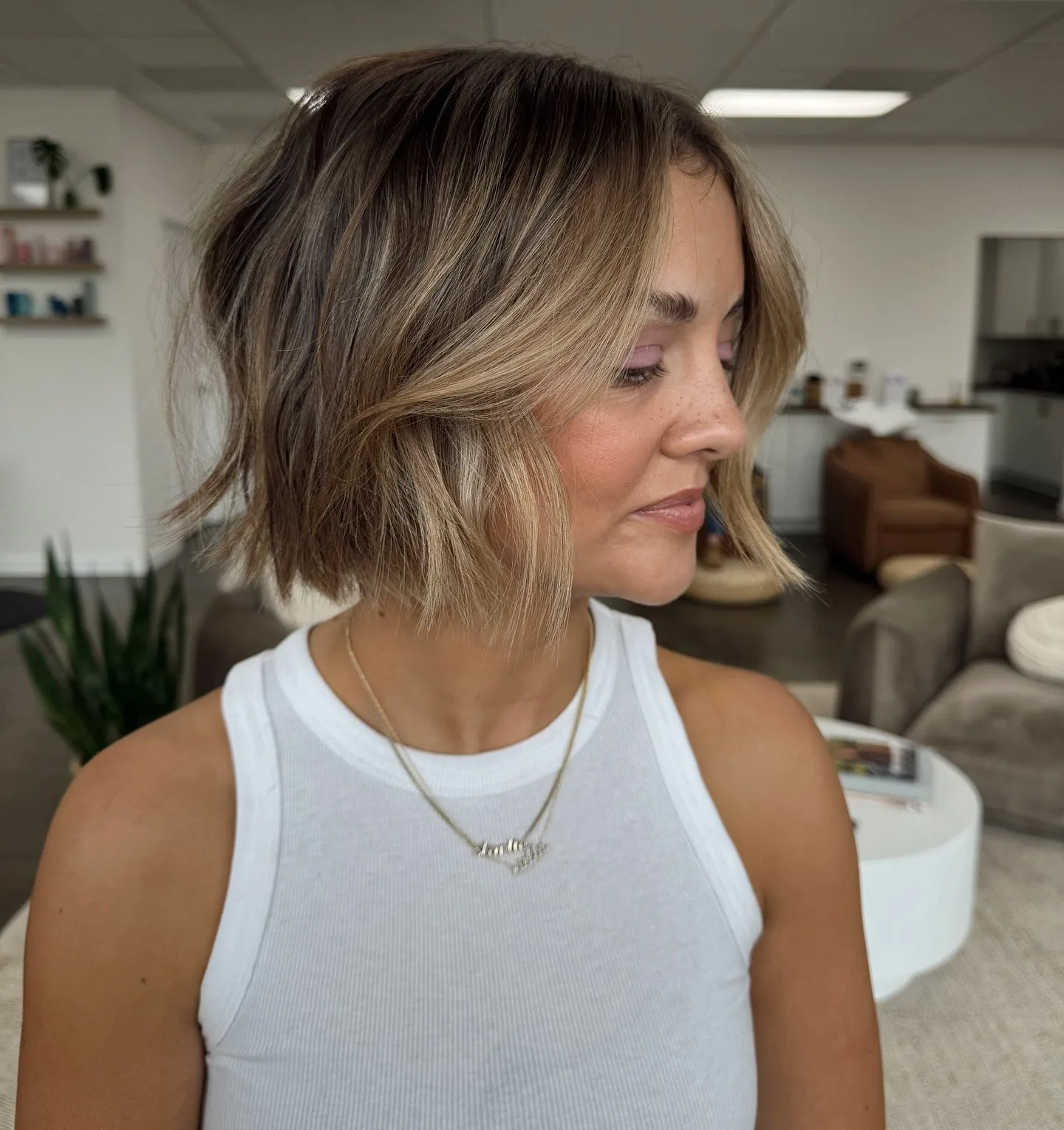 4. Dimensional Balayage Bob with Beachy Movement (Messy Bob Haircut)
