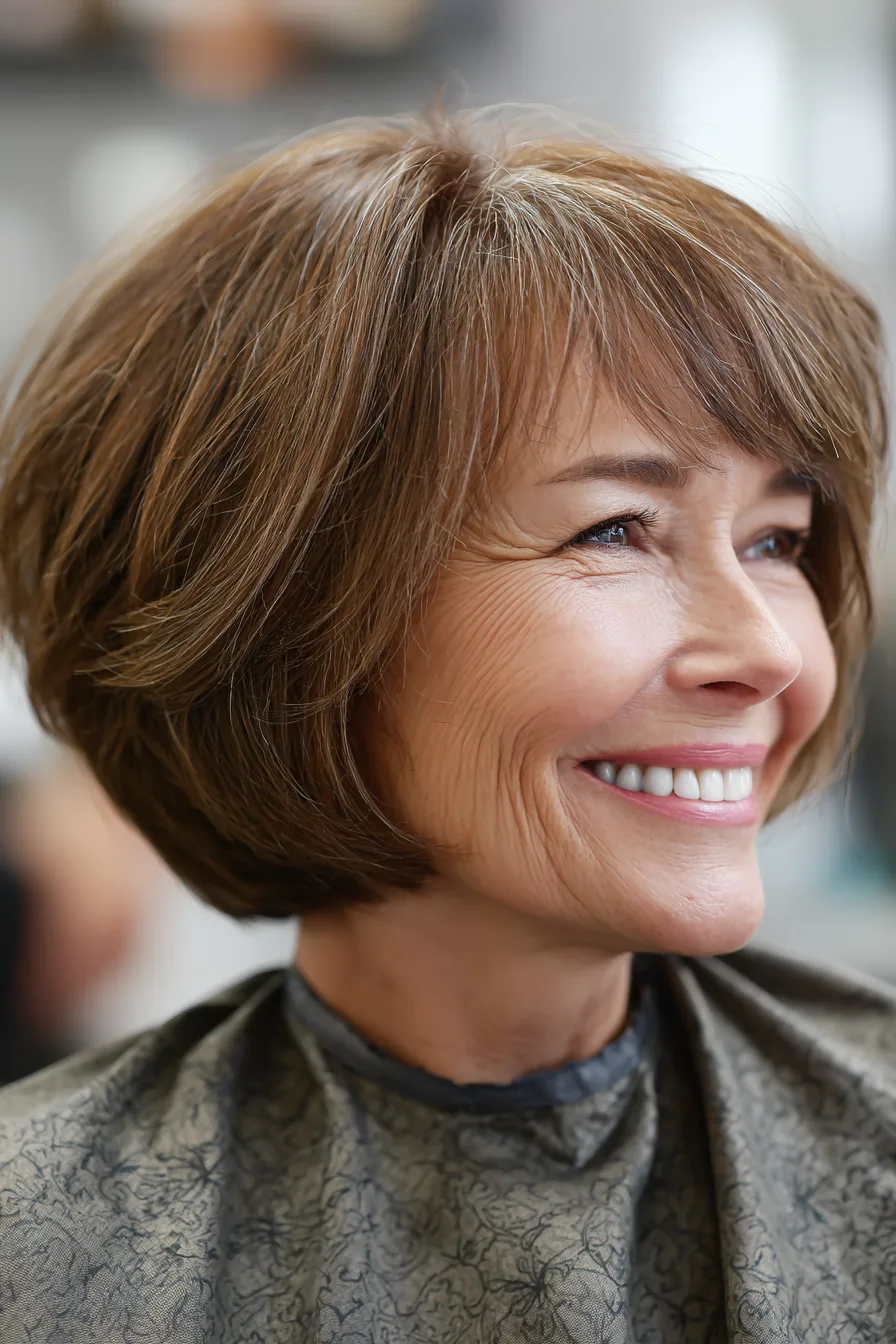 4. Side-Parted Bob With Feathered Bangs in Chestnut Brown (Haircuts With Bangs For Women Over 50) - Haircuts With Bangs For Women Over 50