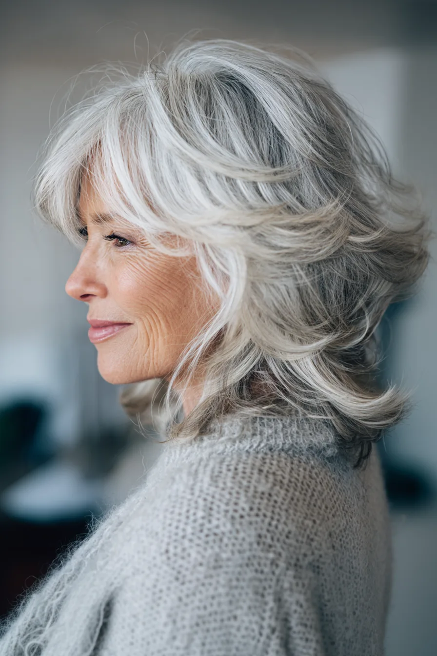 4. Silver Feathered Shag (Hairstyles For Women Over 60 With Gray Hair) - Hairstyles For Women Over 60 With Gray Hair