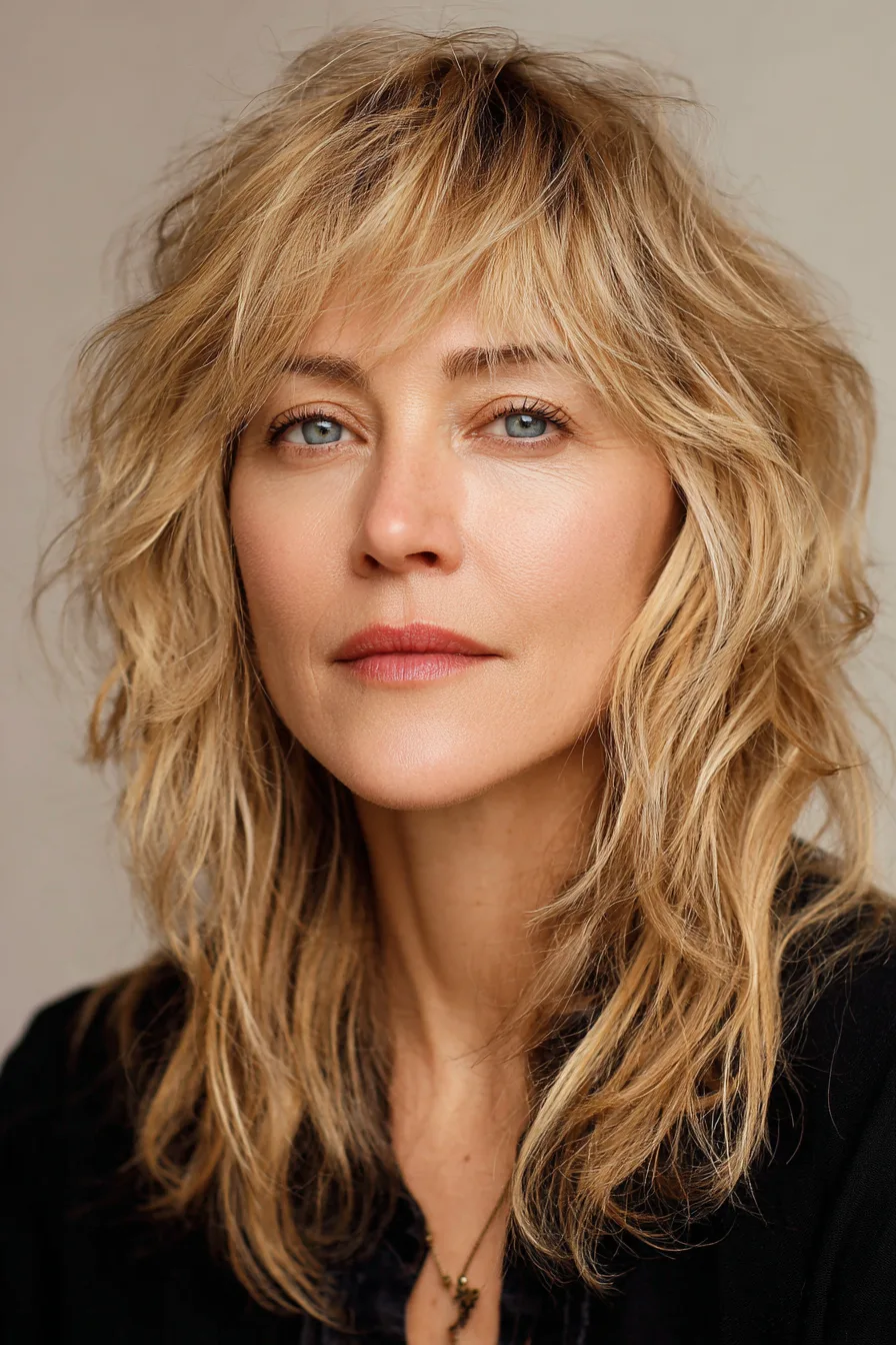 5. Side-Parted Shag with Soft Honey Blonde (Medium Length Hairstyles For Women Over 60 With Fine Hair) - Medium Length Hairstyles For Women Over 60 With Fine Hair