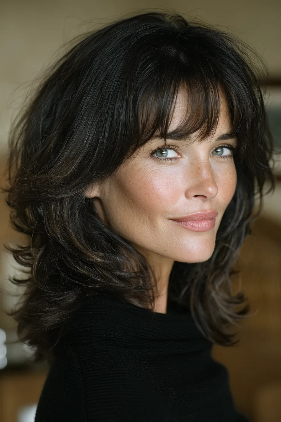 5. Volumized Mid-Length Layers With Arched Bangs in Natural Black (Haircuts With Bangs For Women Over 50) - Haircuts With Bangs For Women Over 50