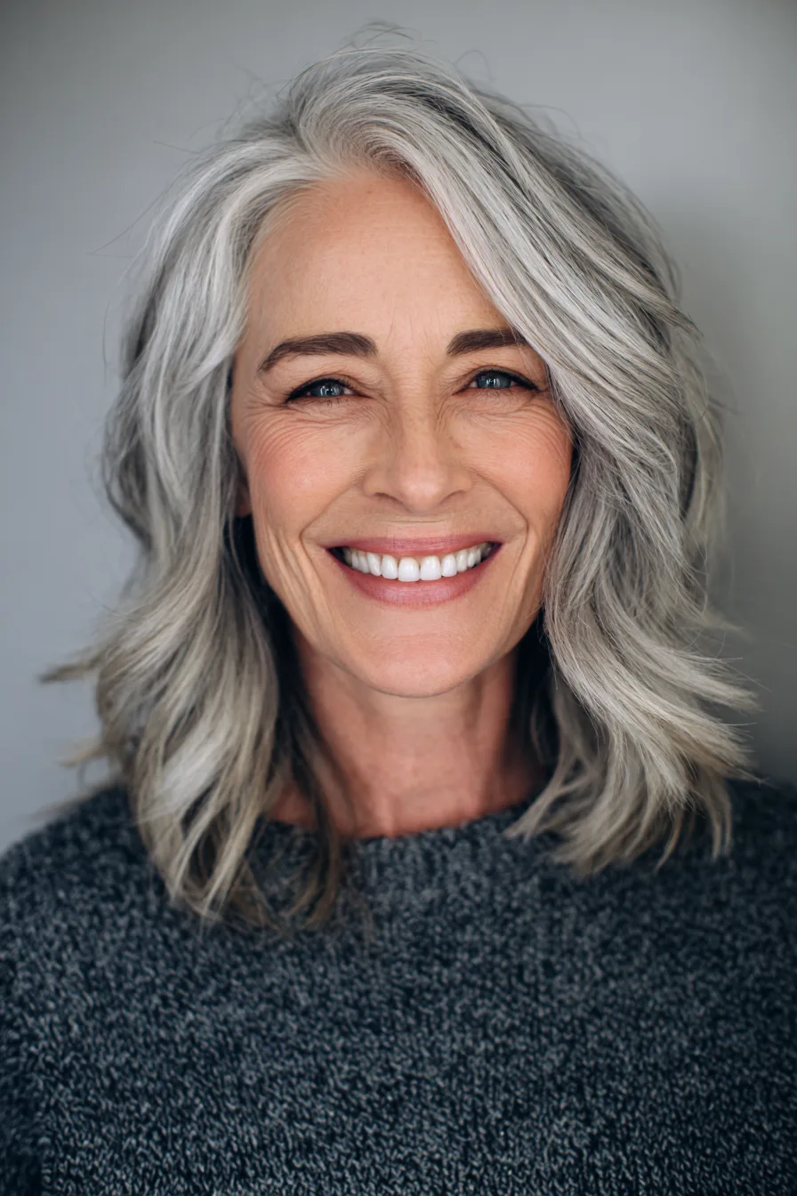 6. Medium Layered Cut with Silver Balayage (Hairstyles For Women Over 60 With Gray Hair) - Hairstyles For Women Over 60 With Gray Hair