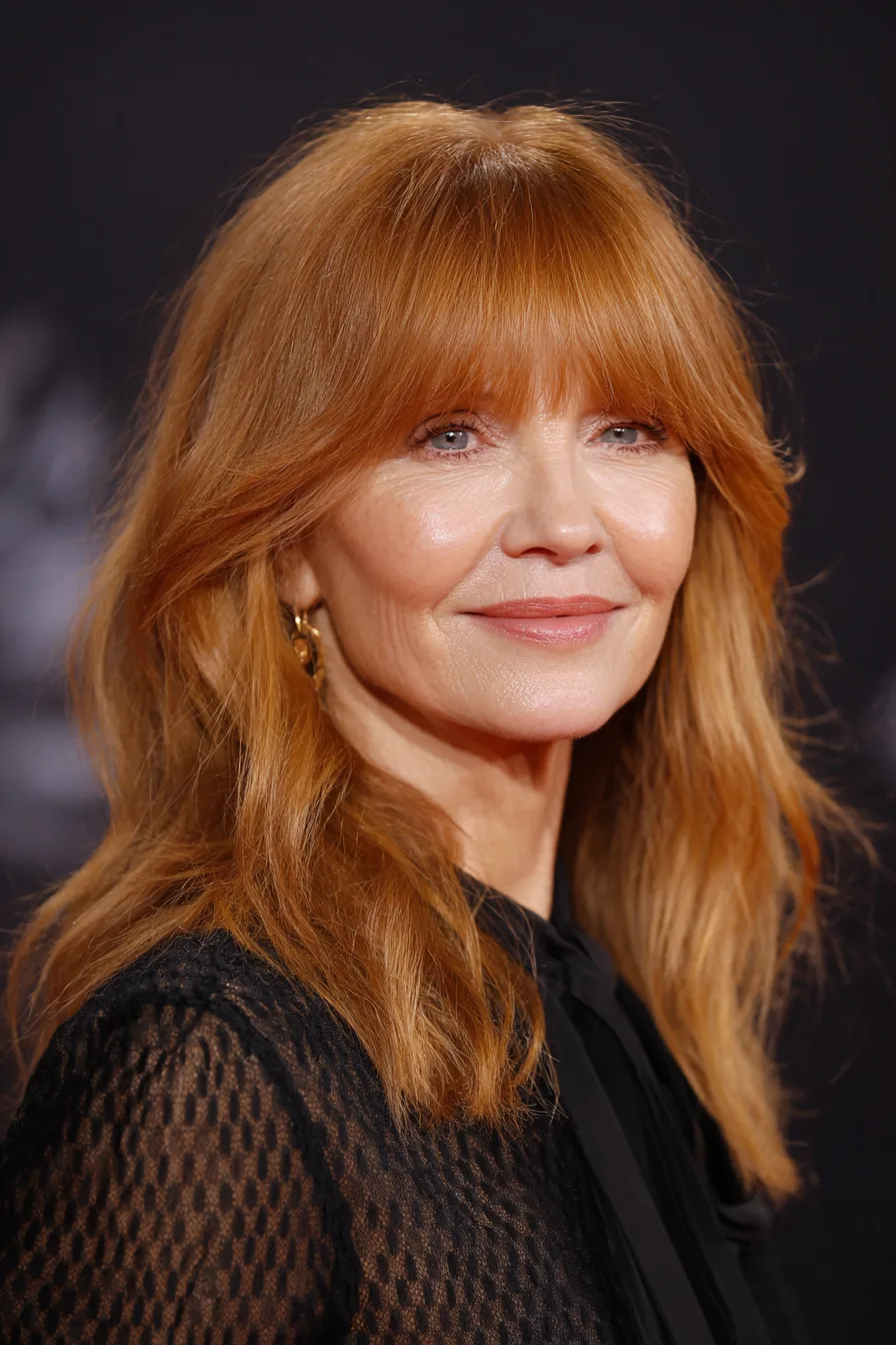 7. Blunt Cut with Long Curtain Bangs in Soft Auburn (Blunt Haircuts For Women Over 50) - Blunt Haircuts For Women Over 50