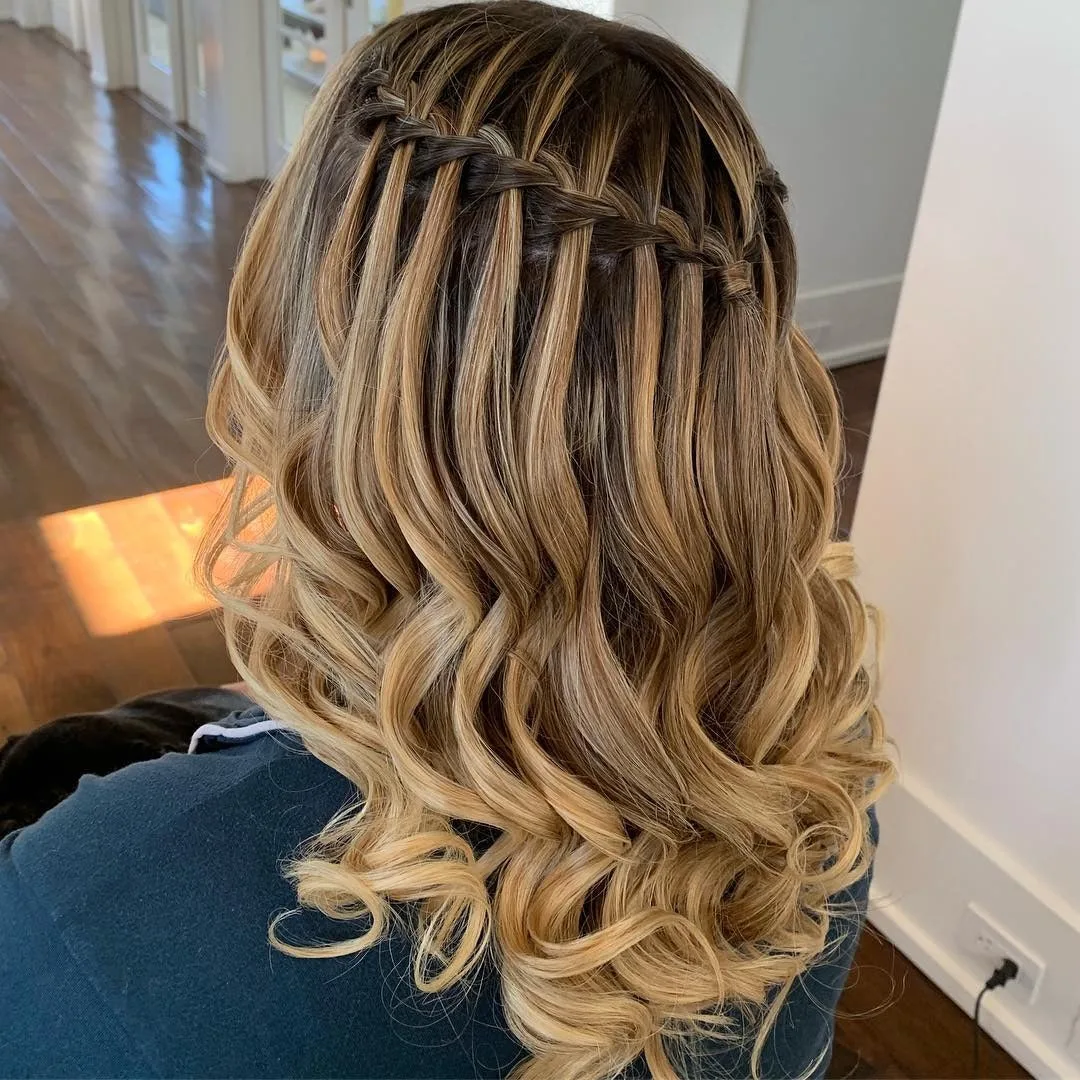7. Caramel Ribbon Waterfall Waves (Waterfall Braid Hairstyles)