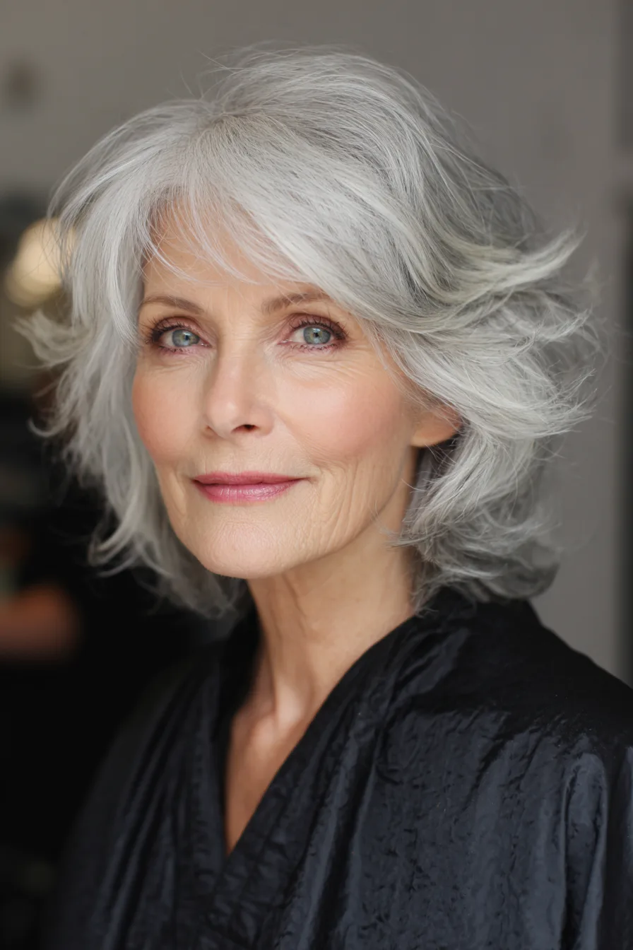 7. Wispy Layered Cut with Silver White Finish (Medium Length Hairstyles For Women Over 60 With Fine Hair) - Medium Length Hairstyles For Women Over 60 With Fine Hair
