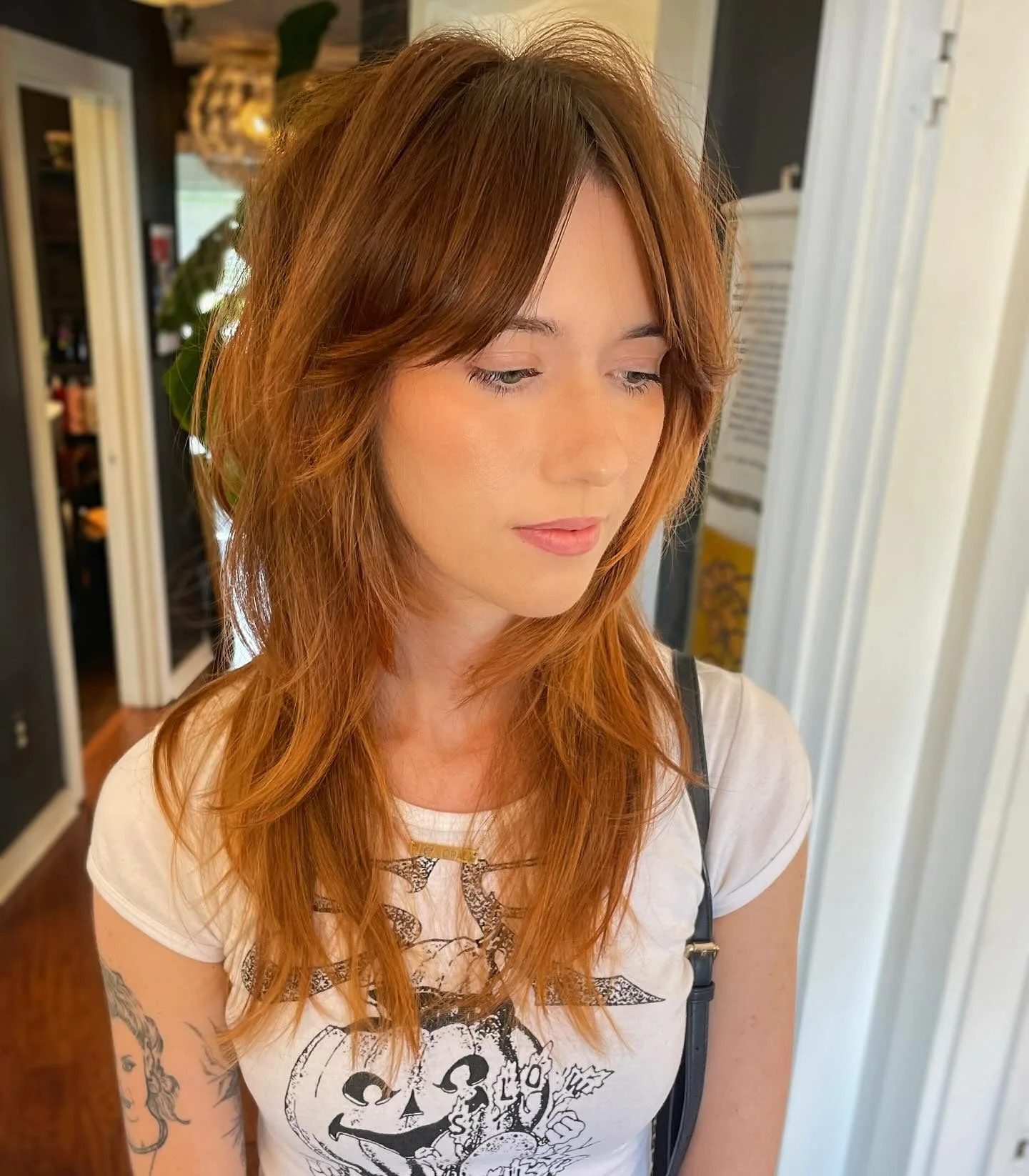 8. Textured Copper Layers with Piecey Fringe (Messy Fringe Haircut For Women)