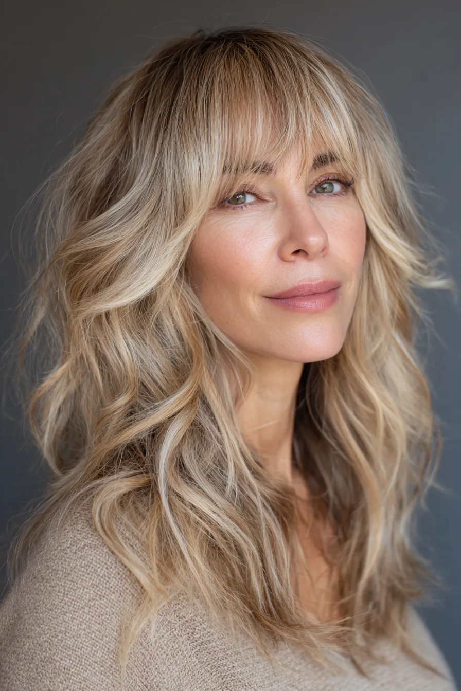 8. Wavy Shoulder Cut With Long Curtain Bangs in Sandy Blonde (Haircuts With Bangs For Women Over 50) - Haircuts With Bangs For Women Over 50