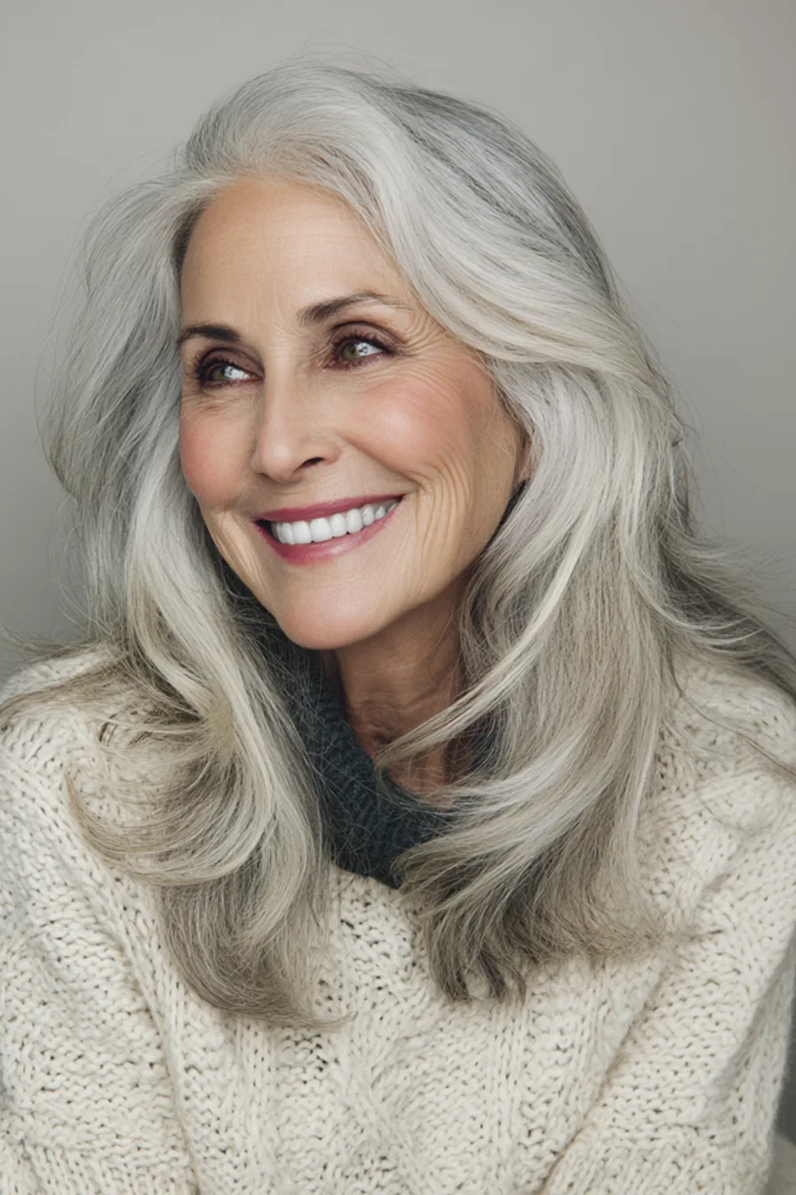9. Long Wavy Silver Layers (Hairstyles For Women Over 60 With Gray Hair) - Hairstyles For Women Over 60 With Gray Hair