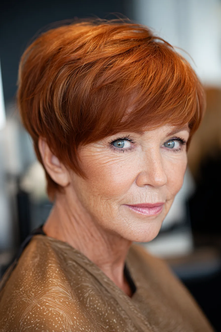 9. Warm Auburn Long Pixie with Bangs (Popular Haircuts For Women Over 60) - Popular Haircuts For Women Over 60
