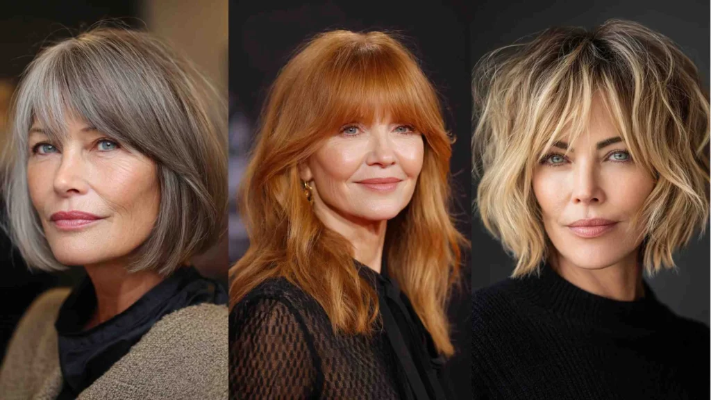 Three women over 50 showcasing modern blunt haircuts — one with a silver bob, one with long auburn hair and bangs, and one with a textured blonde bob — representing timeless elegance and confidence in 2025.