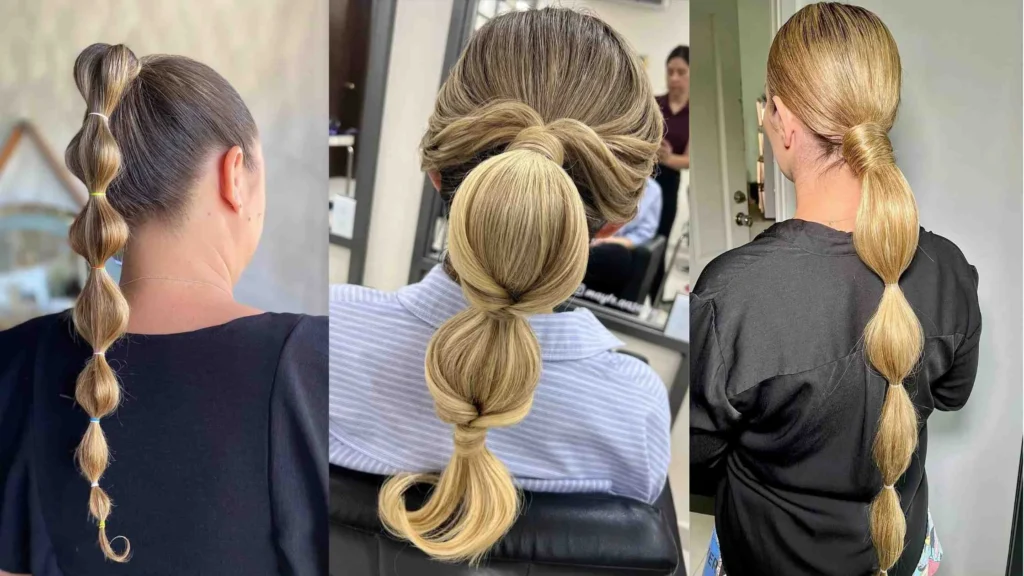 Three elegant bubble ponytail hairstyles for women over 40 featuring sleek, blonde, and brunette looks with soft volume and smooth definition.