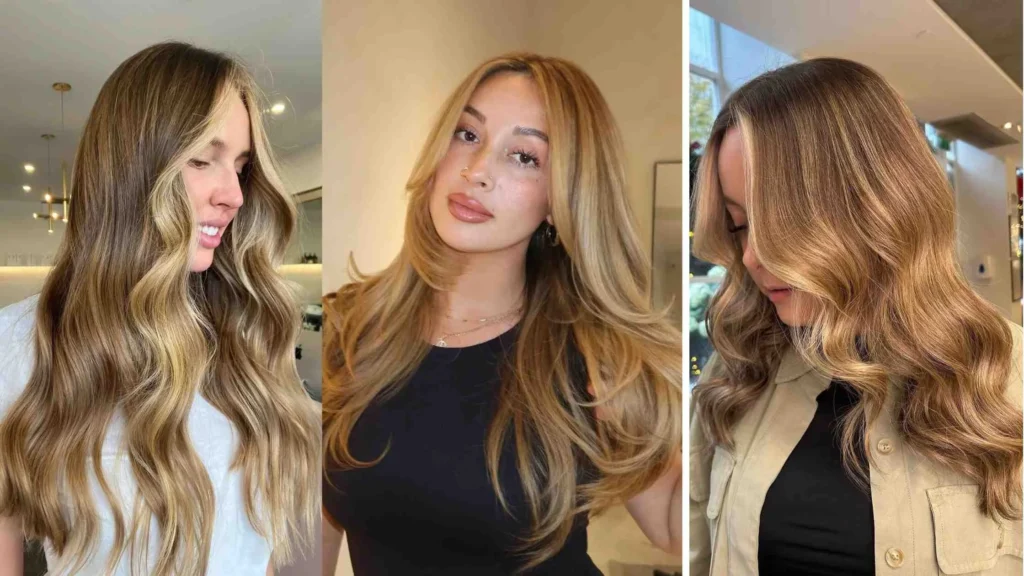 Three women showcasing gorgeous Caramel Honey Blonde hairstyles from soft golden waves to layered honey tones ideal inspiration for women over 40 to add warmth, shine, and natural radiance to their look.