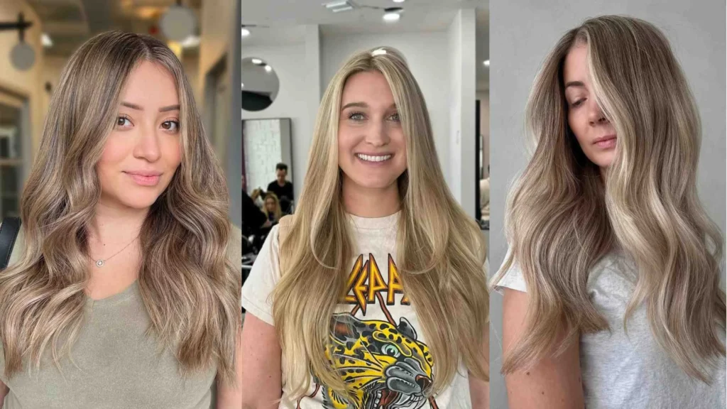 Three women with medium to long hair showing natural-looking Champagne Blonde Hair Color shades in soft waves, highlighting creamy beige and golden tones inside a salon setting.