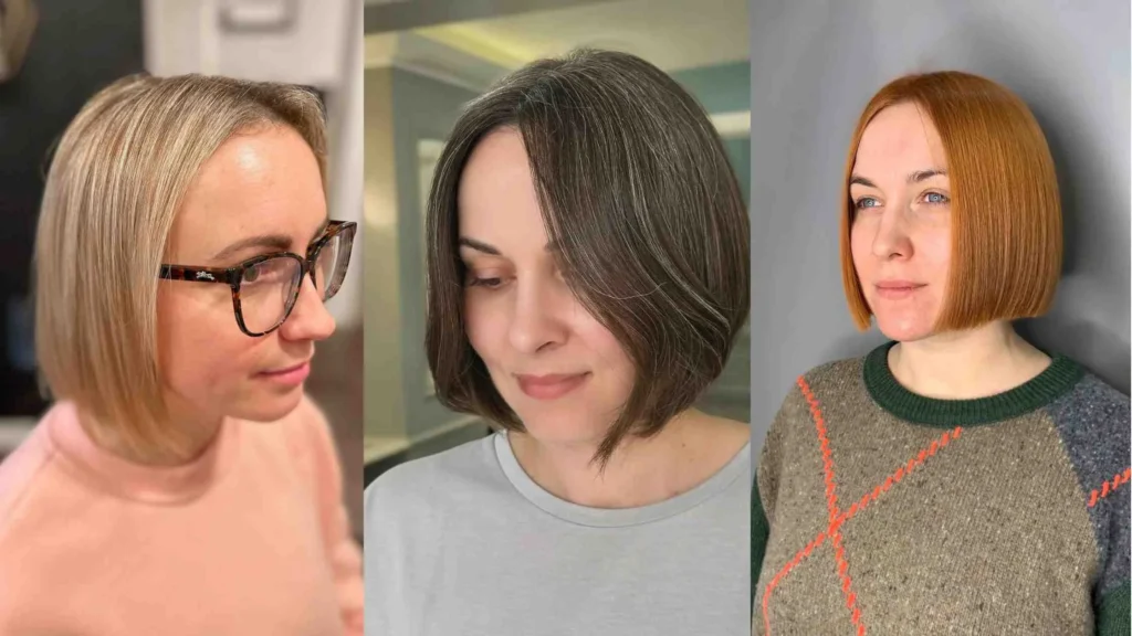 Three women over 50 wearing classic bob cuts one with blonde, one with natural gray, and one with copper-red hair — showcasing timeless short hairstyles with a clean, elegant finish.