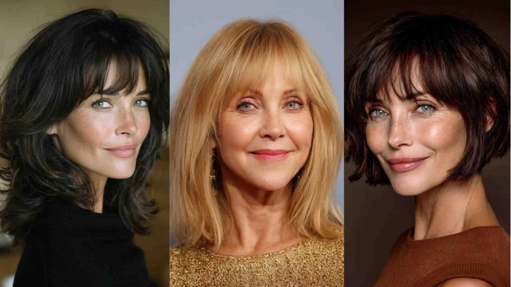 Three women over 50 with stylish haircuts featuring bangs — one with dark layered waves, one with a golden shoulder-length cut, and one with a short brunette bob — showing flattering, age-defying hairstyle ideas.