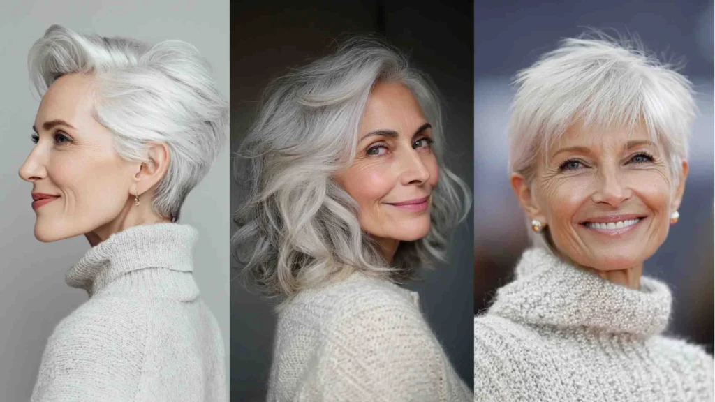 Elegant gray hairstyles for women over 60 featuring three stylish looks: a textured pixie cut, a soft wavy mid-length style, and a chic short crop, all showcasing natural silver hair with confidence and modern charm.