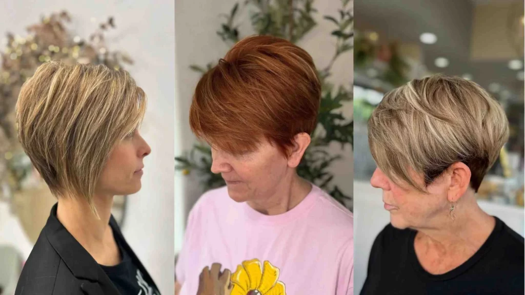 Three women over 50 showcasing stylish long pixie cuts with soft layers, natural volume, and dimensional blonde and copper tones.