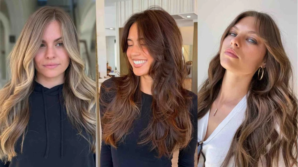 Golden beige balayage on long textured layers with soft beach waves, perfect for women over 40.