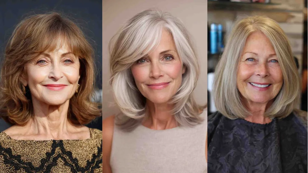 Three stylish older women with medium length hairstyles featuring a feathered brown lob, a silver layered cut, and a smooth blonde bob perfect for women over 60 with fine hair.