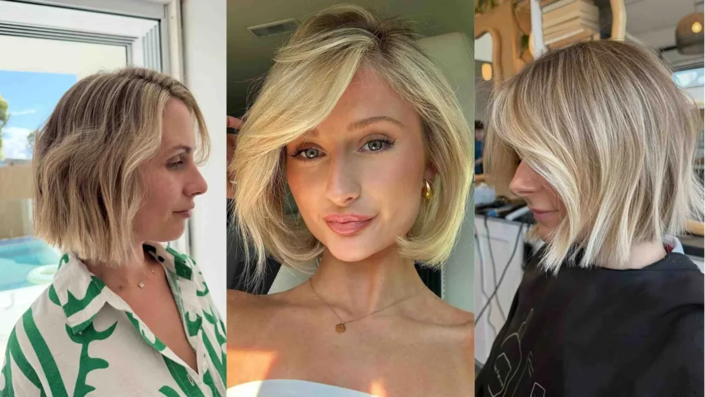 Three women with messy bob haircuts, featuring soft waves, layered texture, and blonde highlights, showcasing modern and flattering bob styles.