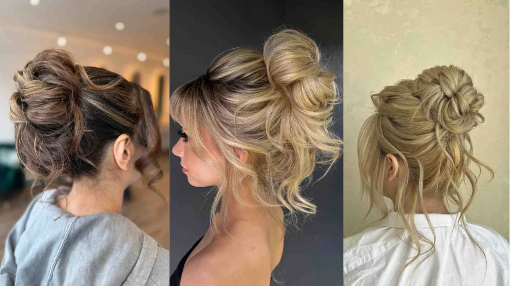 Three elegant messy bun hairstyles for women featuring textured, voluminous updos in caramel, blonde and ash tones perfect for casual or formal events.