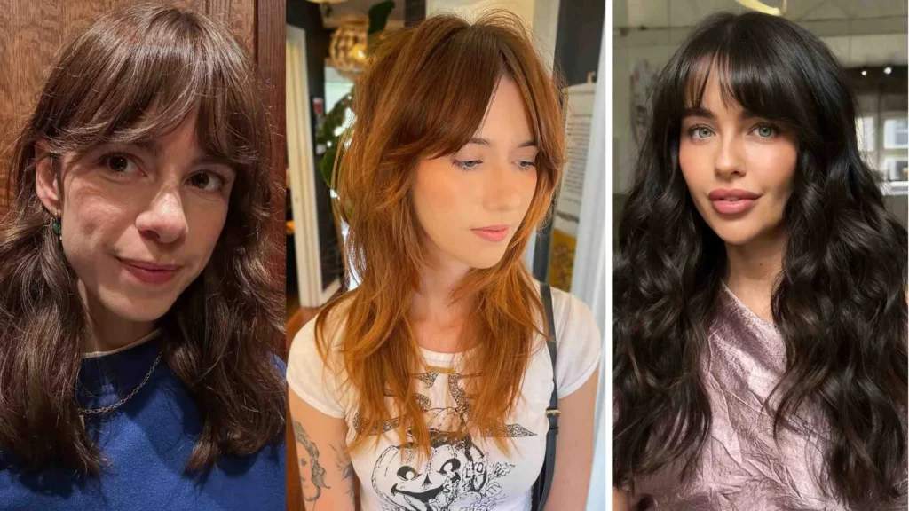 Three women with different messy fringe haircuts — brunette with soft shag layers, copper hair with curtain bangs, and dark waves with rounded fringe showing stylish, lived-in fringe looks for women.